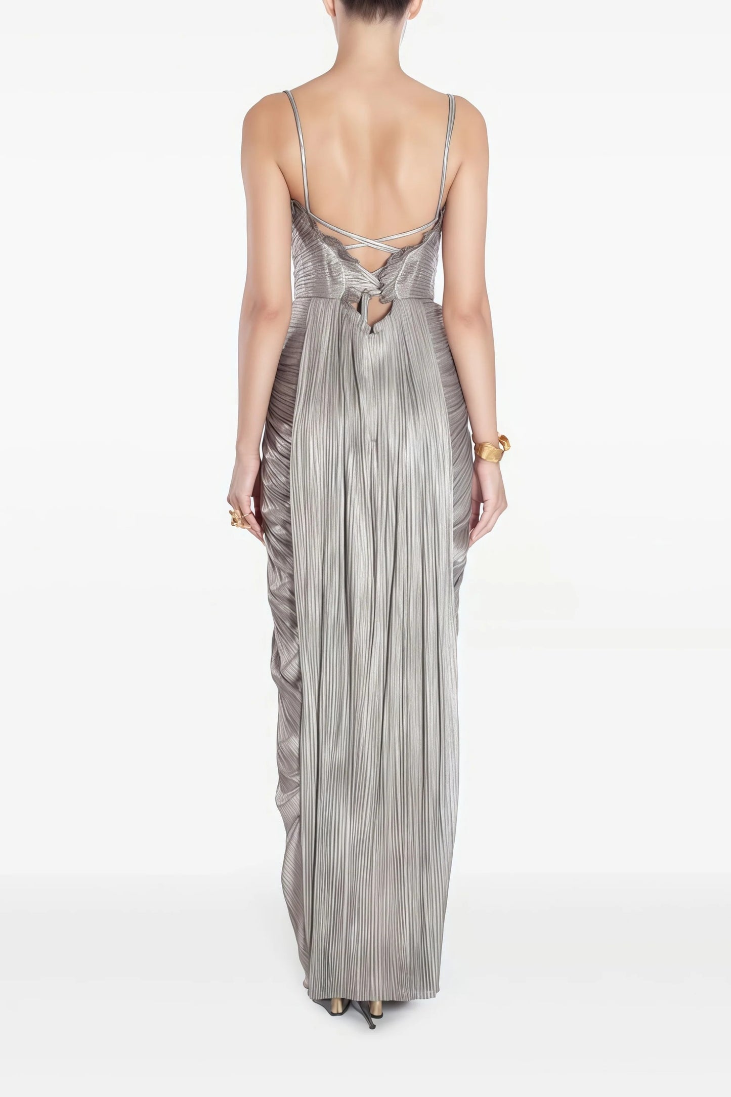 LUMIÈRE — Vestido largo efecto dorado estructurado